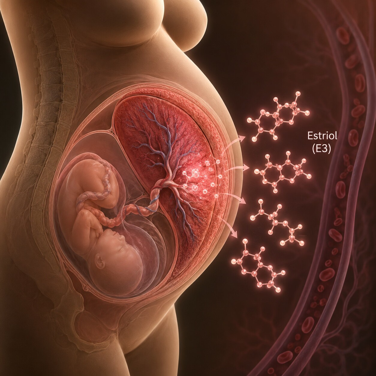 Scientific illustration of a placenta producing estriol during pregnancy, an estrogen type barely present outside of gestation