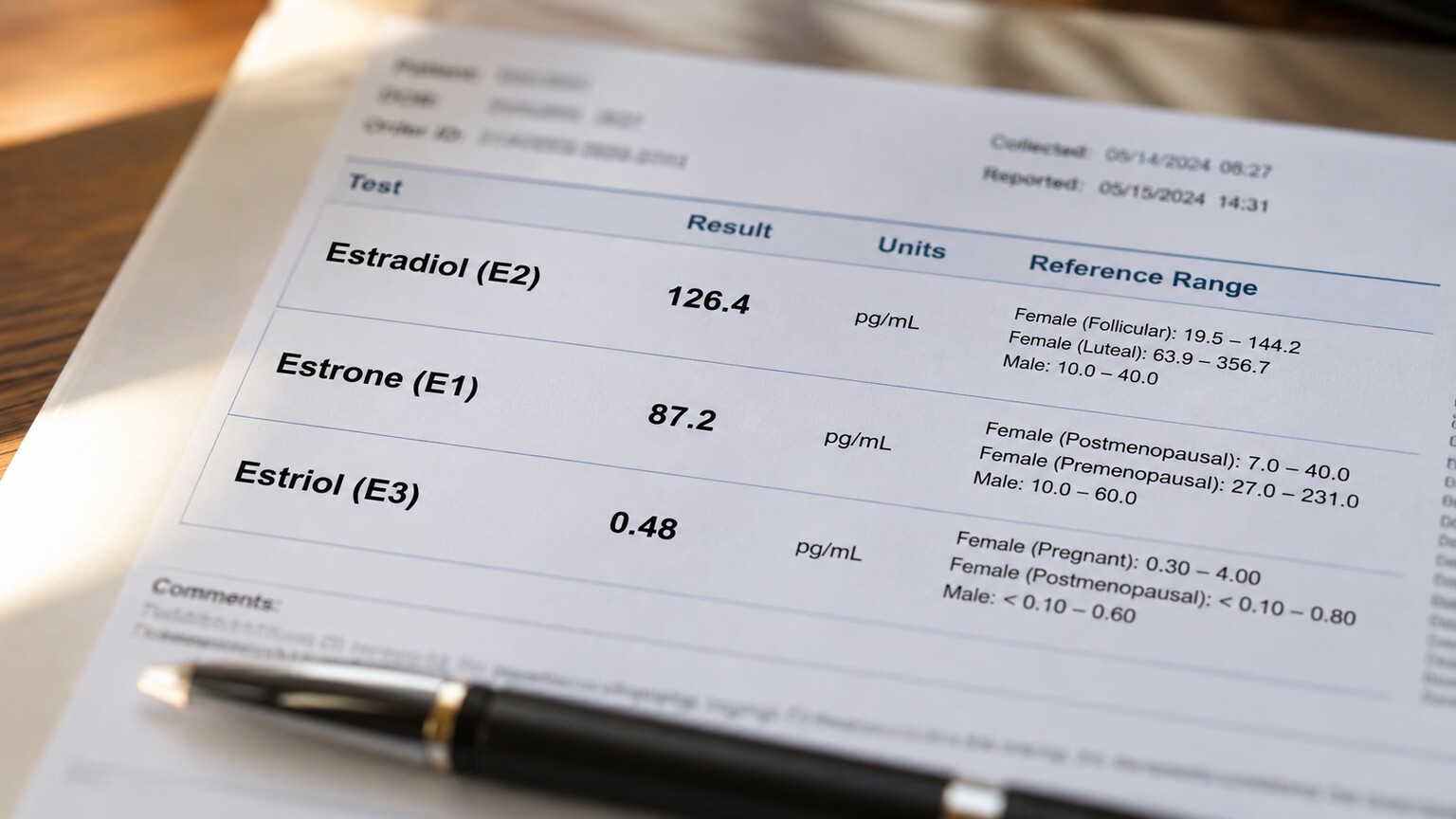 Close-up of a printed hormone lab report with three separate rows clearly labeled estradiol, estrone, and estriol, each with its own distinct reference range