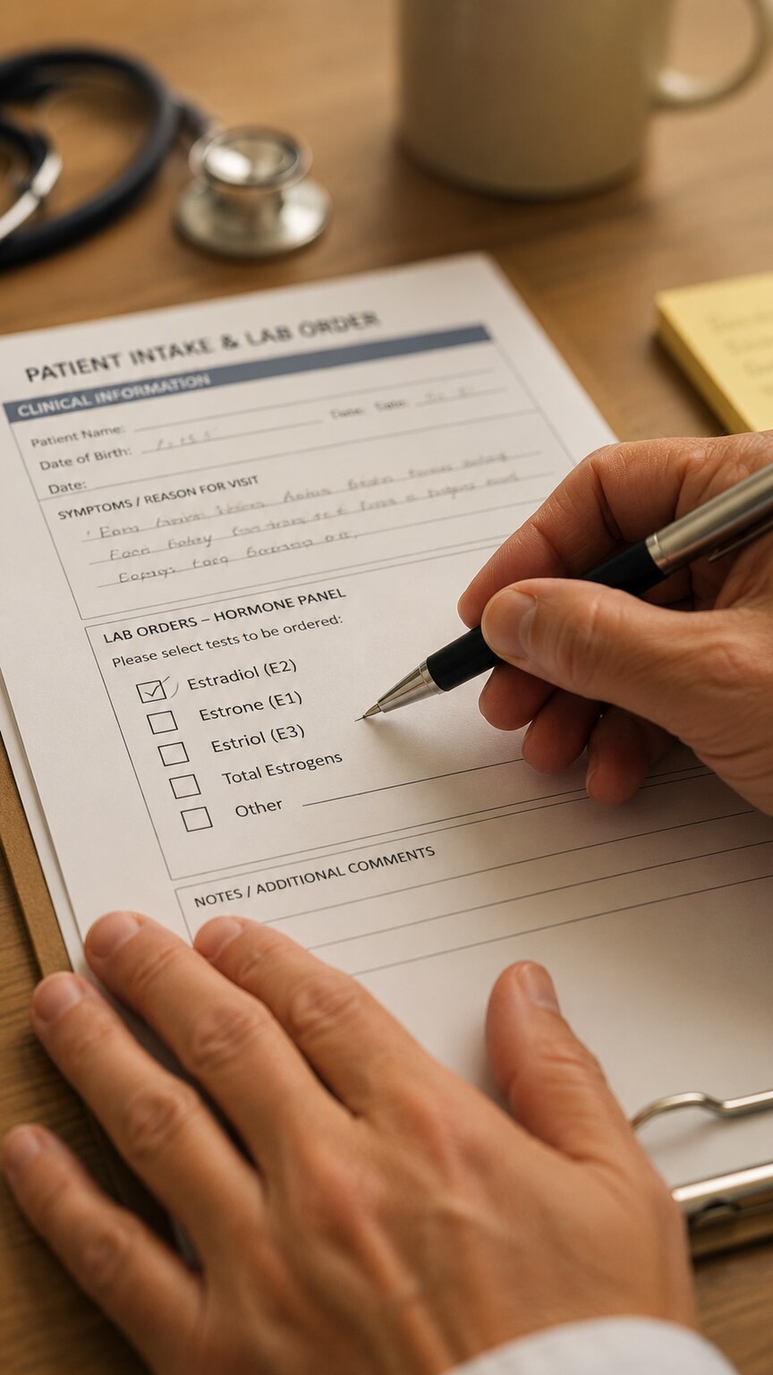A doctor reviewing a patient's chart while deciding which specific estrogen type to order based on the patient's age and reproductive stage
