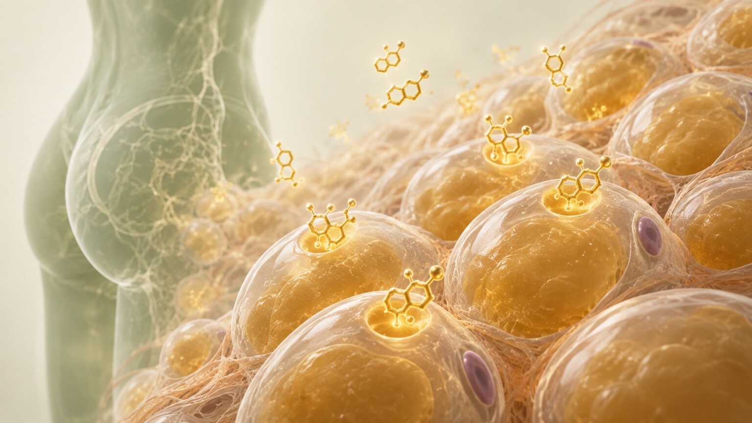 Scientific illustration of estrogen molecules binding to receptors on hip and thigh fat cells