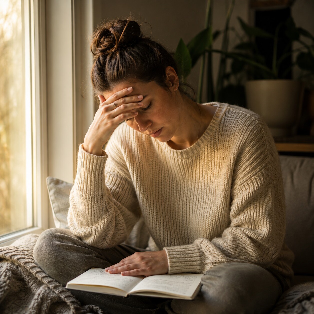 Woman sitting by a window in the morning, hand pressed to her forehead while journaling about her mood