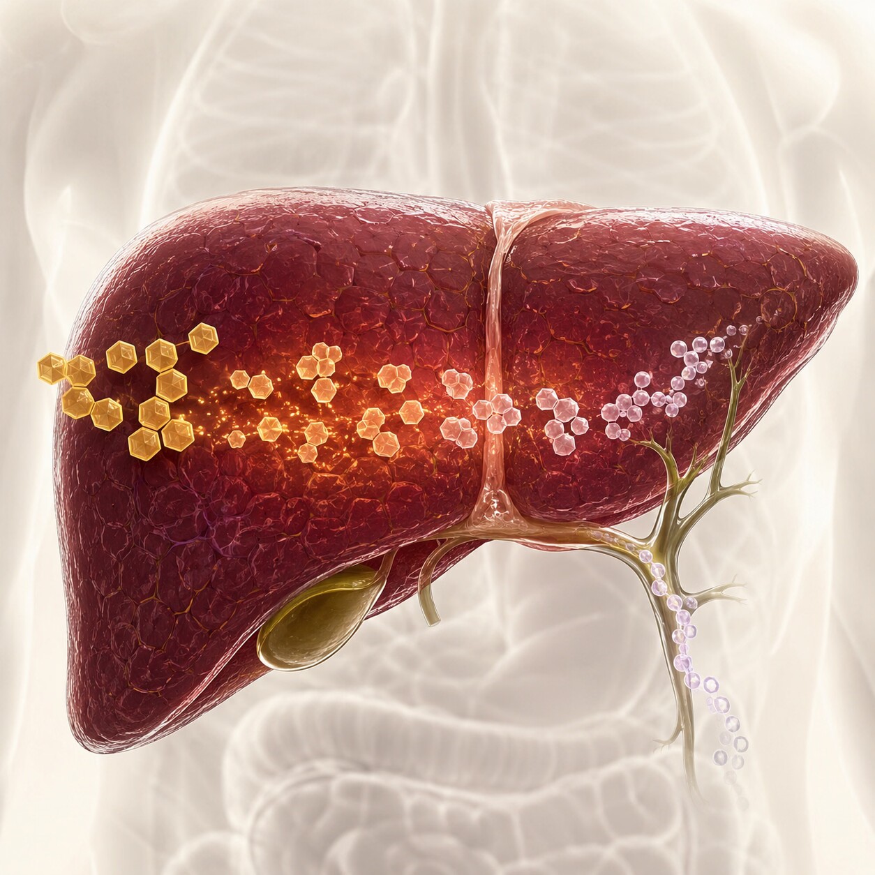 Scientific illustration of the liver breaking down and clearing excess estrogen from the bloodstream