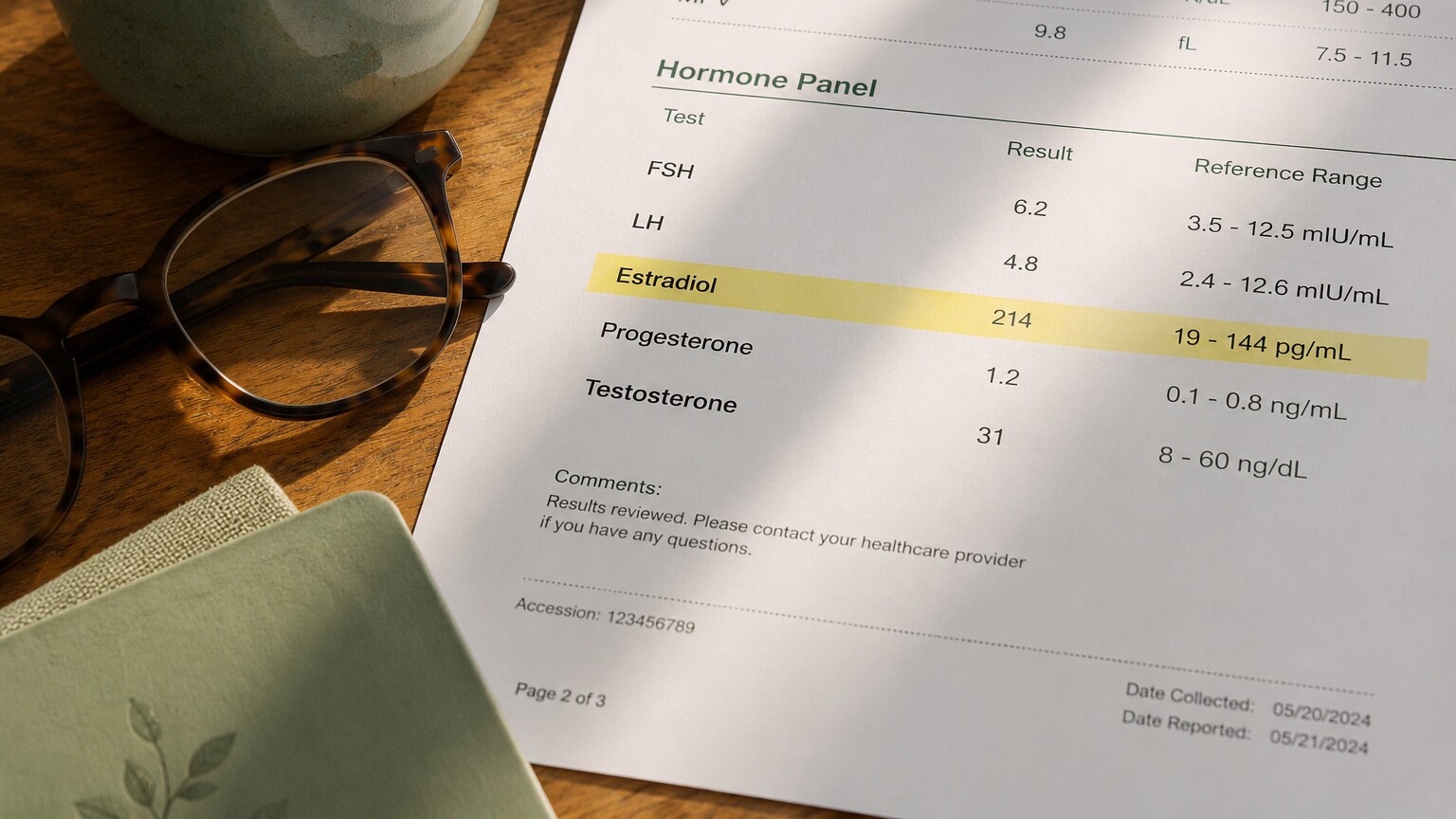 Close-up of a printed lab report highlighting an elevated estradiol value next to the reference range