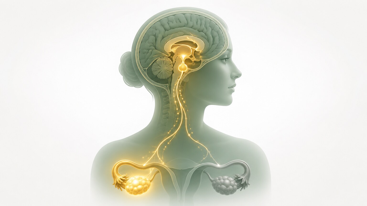 Scientific illustration of the hormonal signaling pathway connecting the brain's hypothalamus and pituitary gland to the ovaries