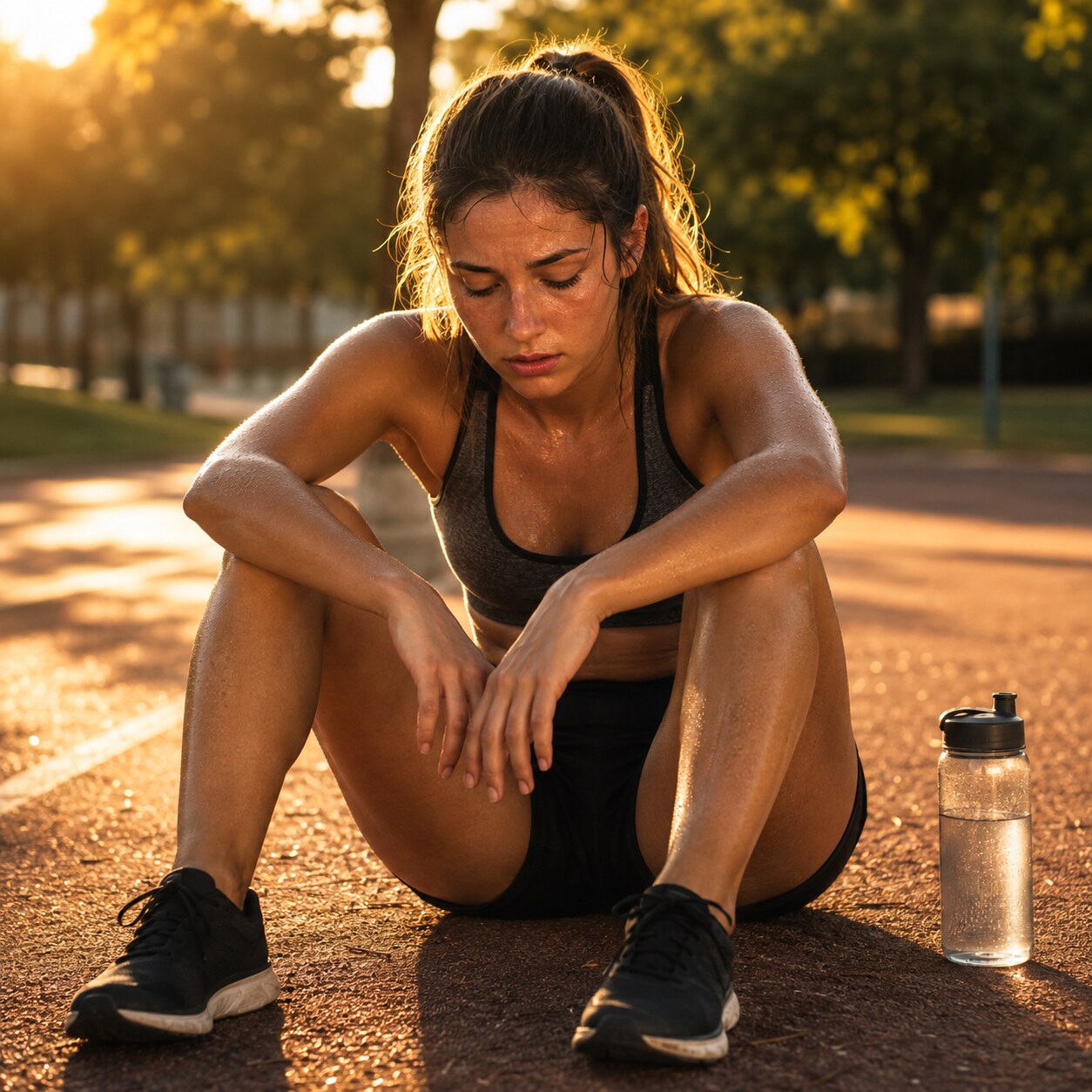 Young female athlete sitting exhausted on the ground after intense training, illustrating a common trigger for hypothalamic amenorrhea