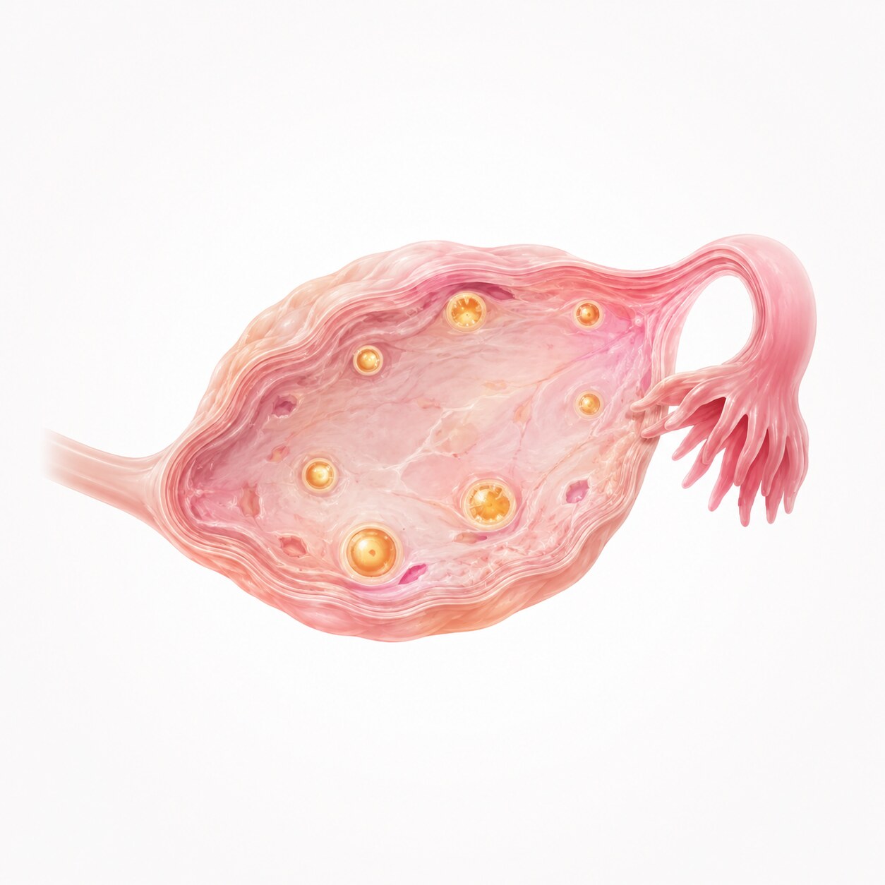 Scientific illustration of an ovary with a visibly diminished number of remaining egg follicles, consistent with primary ovarian insufficiency