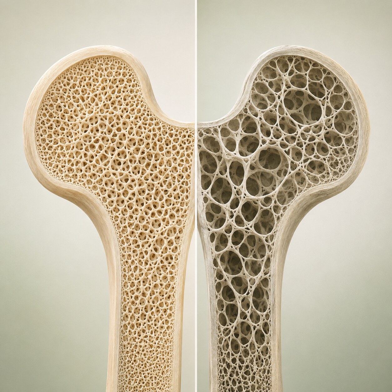 Bone density scan illustration comparing normal bone structure to the thinner, more porous structure associated with prolonged low estrogen