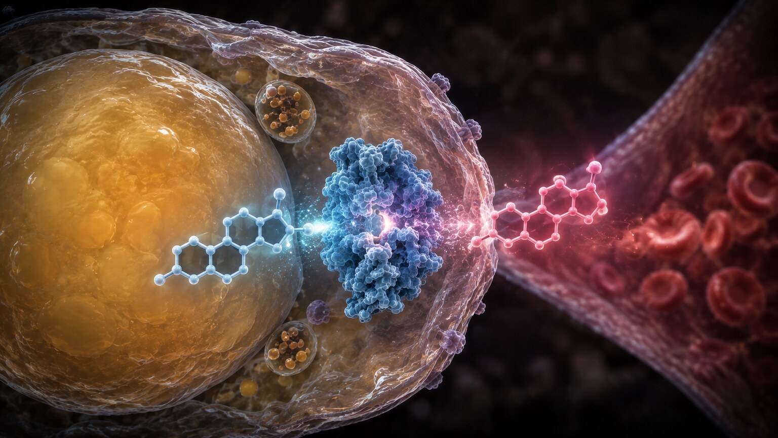 Scientific illustration of the aromatase enzyme converting testosterone into estradiol inside a fat cell