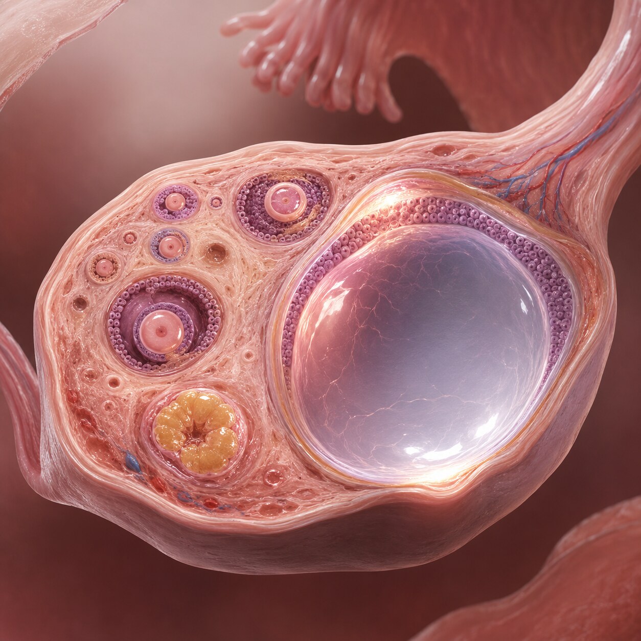 Scientific illustration of an ovarian follicular cyst continuing to produce estradiol beyond its normal cycle