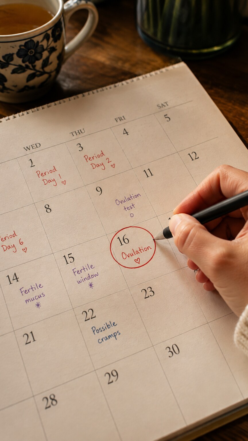 Person marking a specific day on a printed menstrual cycle tracking calendar with a pen