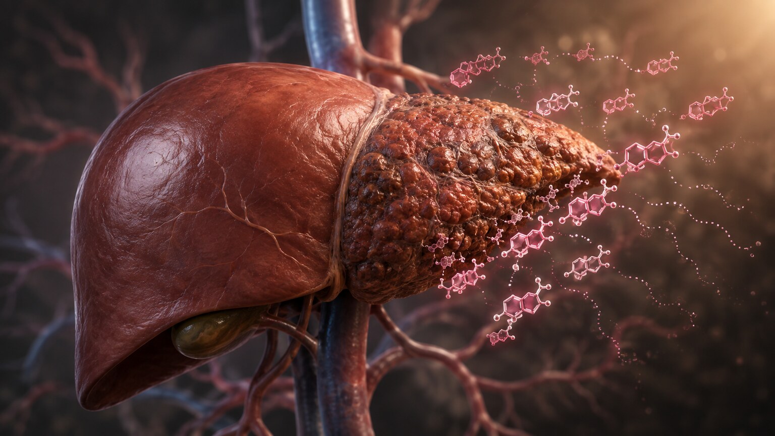 Scientific illustration of a cirrhotic liver failing to properly clear and break down circulating estradiol