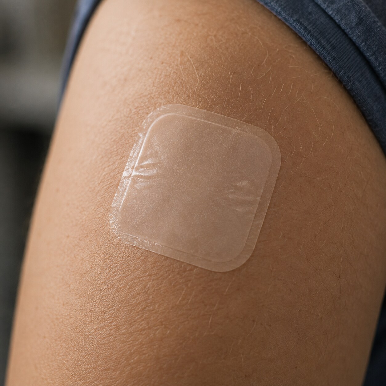 Close-up of a transdermal estrogen patch applied to a person's skin