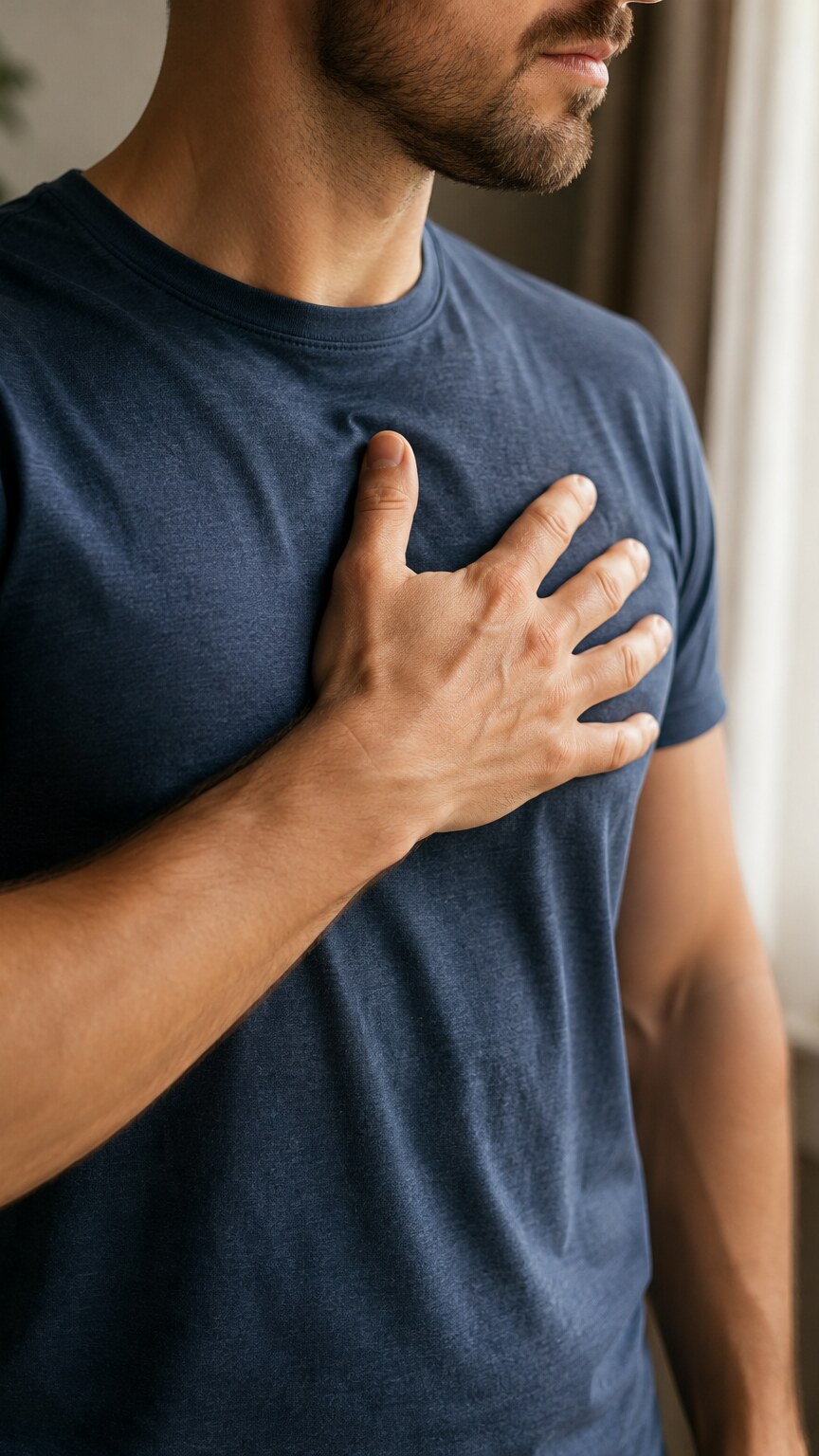 Man resting a hand on his chest with an expression of mild discomfort