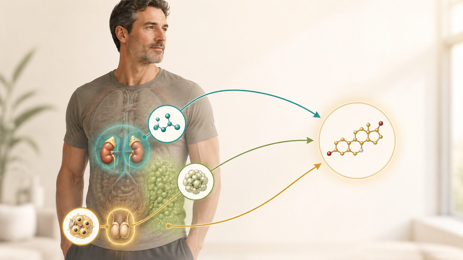 Scientific illustration of a male body outline highlighting the testes, adrenal glands, and adipose tissue as the three sources of circulating estrogen