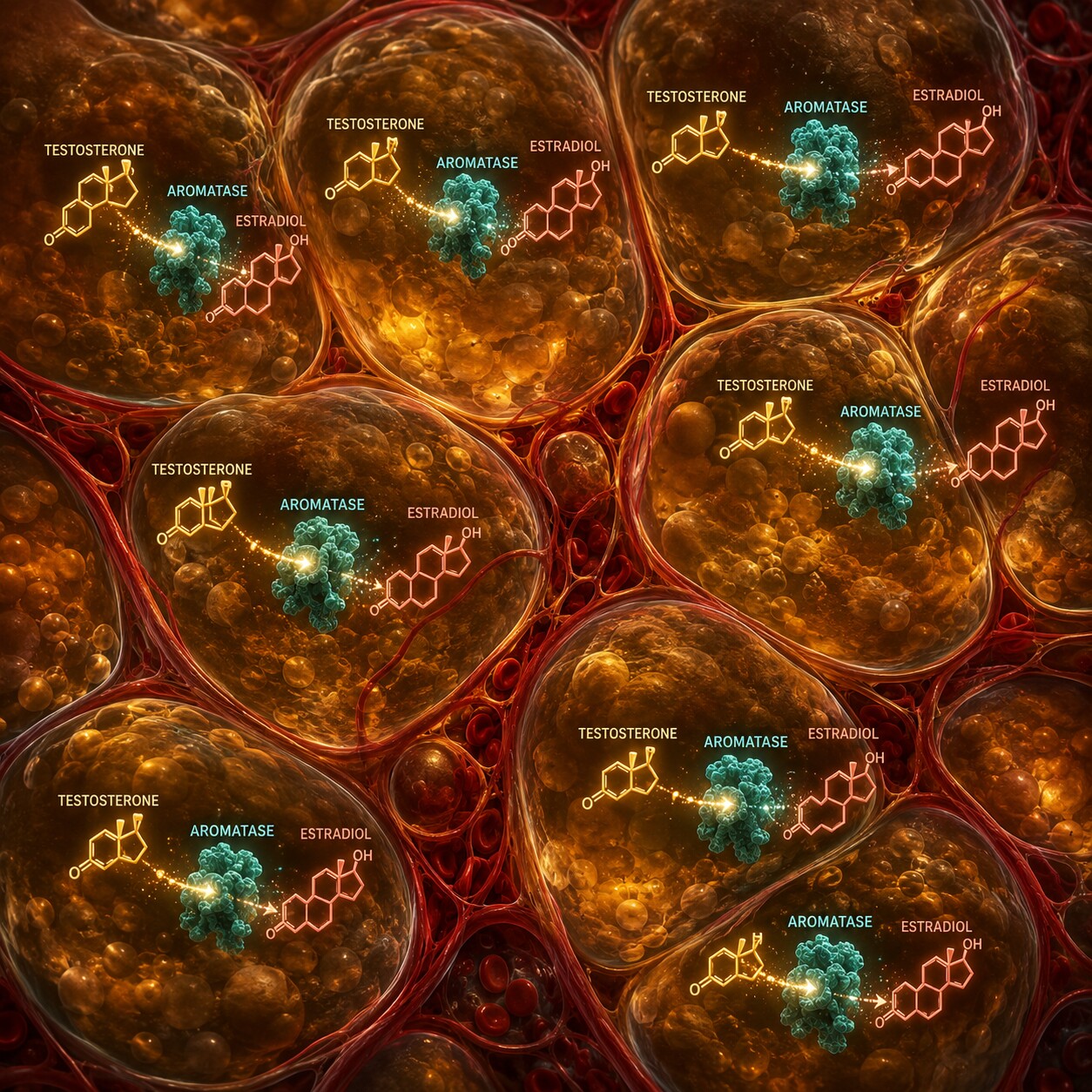 Cross-section illustration of visceral abdominal fat cells with aromatase enzyme molecules converting testosterone to estradiol inside them