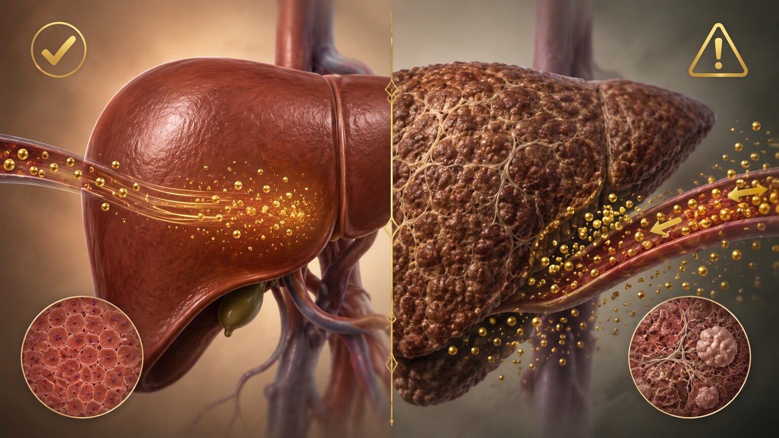 Medical illustration comparing a healthy liver actively metabolizing estrogen against a cirrhotic liver with scarred tissue allowing estrogen to accumulate in the bloodstream