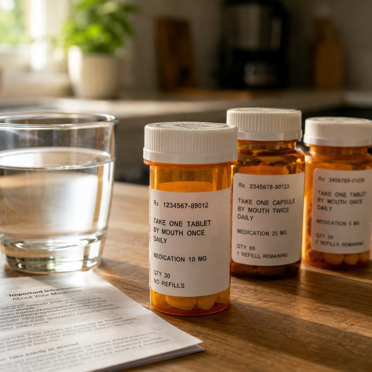 Close-up of prescription pill bottles including spironolactone arranged on a kitchen counter, representing medications linked to elevated estrogen in men