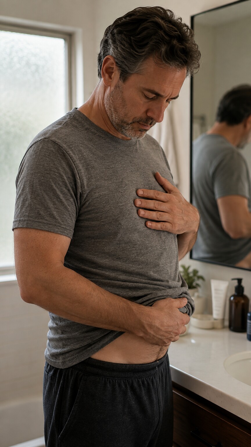 Middle-aged man in a bathroom examining his chest area with his hand, illustrating the physical self-check for gynecomastia linked to elevated estrogen