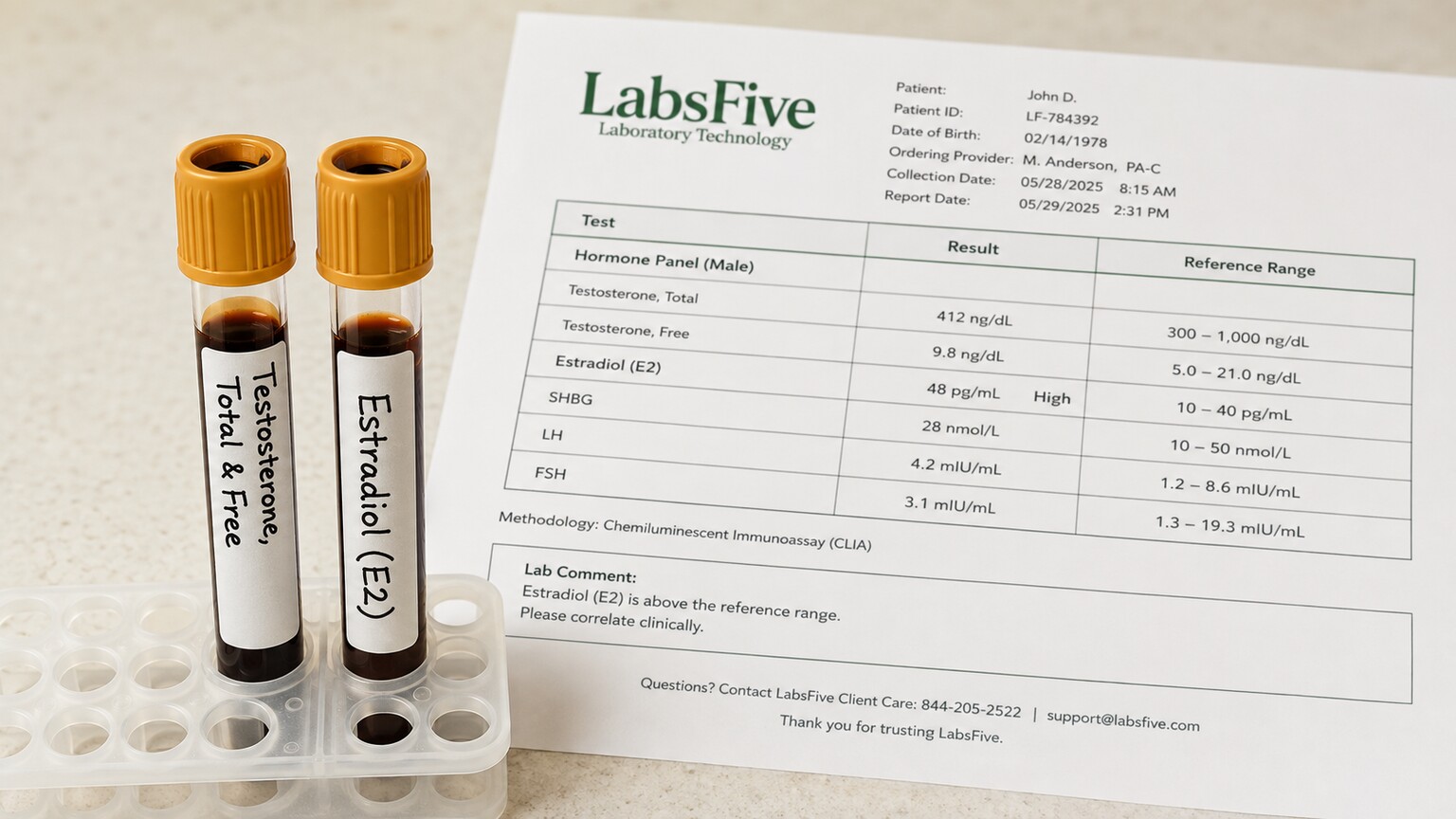 Labeled blood collection tubes for testosterone and estradiol testing next to a printed hormone panel report on a clinic counter