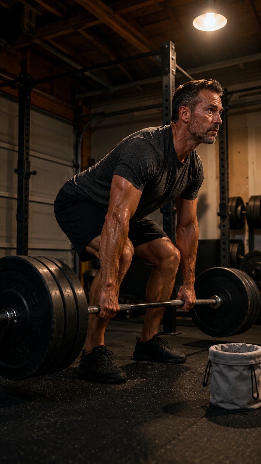 Man in his 40s performing a resistance training exercise in a home gym, representing lifestyle changes that reduce body fat and aromatase activity