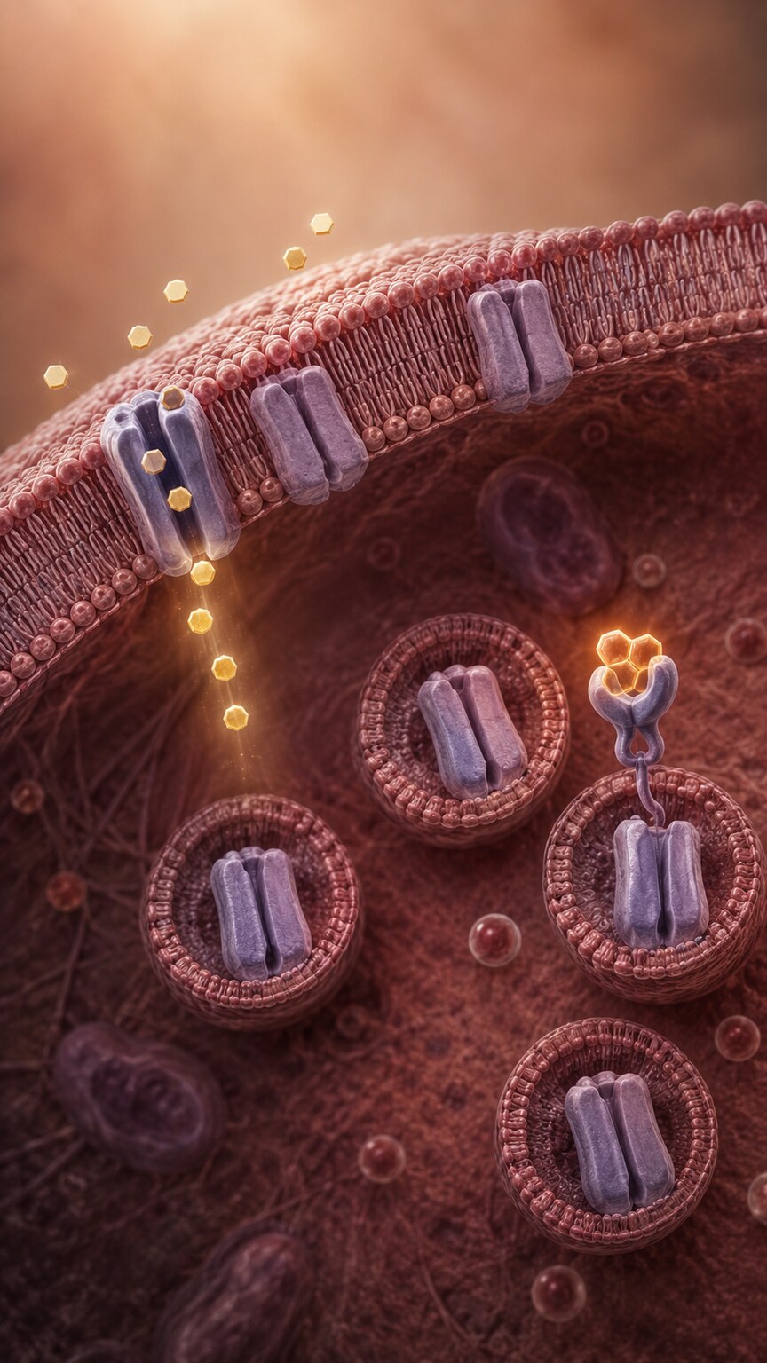 Illustration of a muscle cell membrane with fewer GLUT4 glucose transporter channels active due to cortisol interference