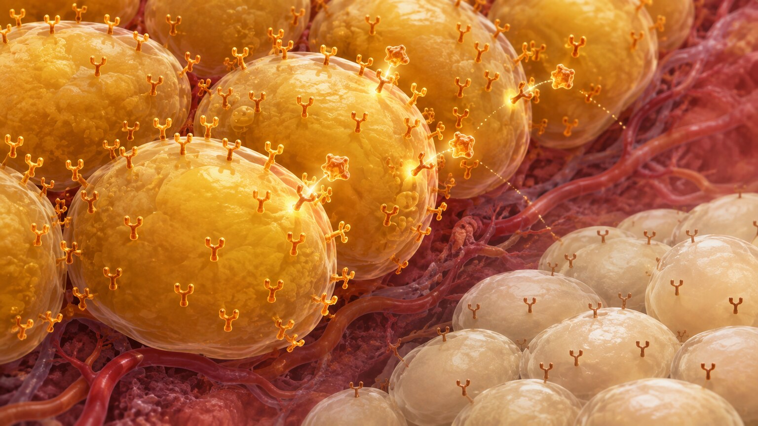 Illustration of visceral abdominal fat tissue with a dense concentration of glucocorticoid receptors highlighted