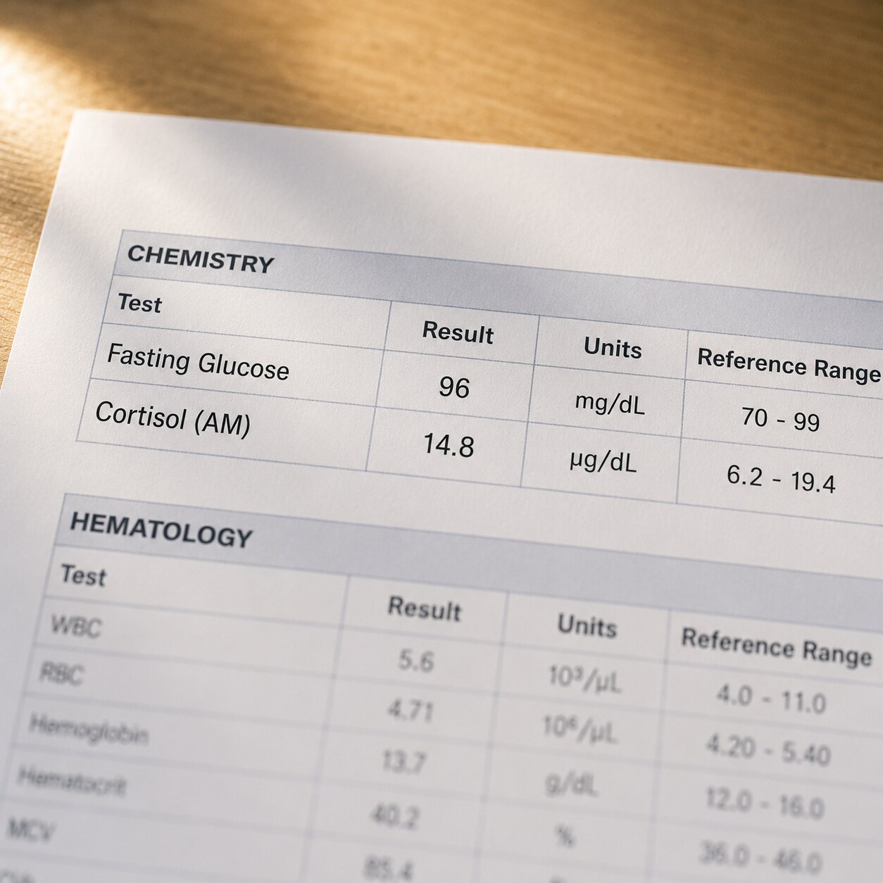 Close-up macro photograph of a lab report showing fasting glucose and morning cortisol values side by side