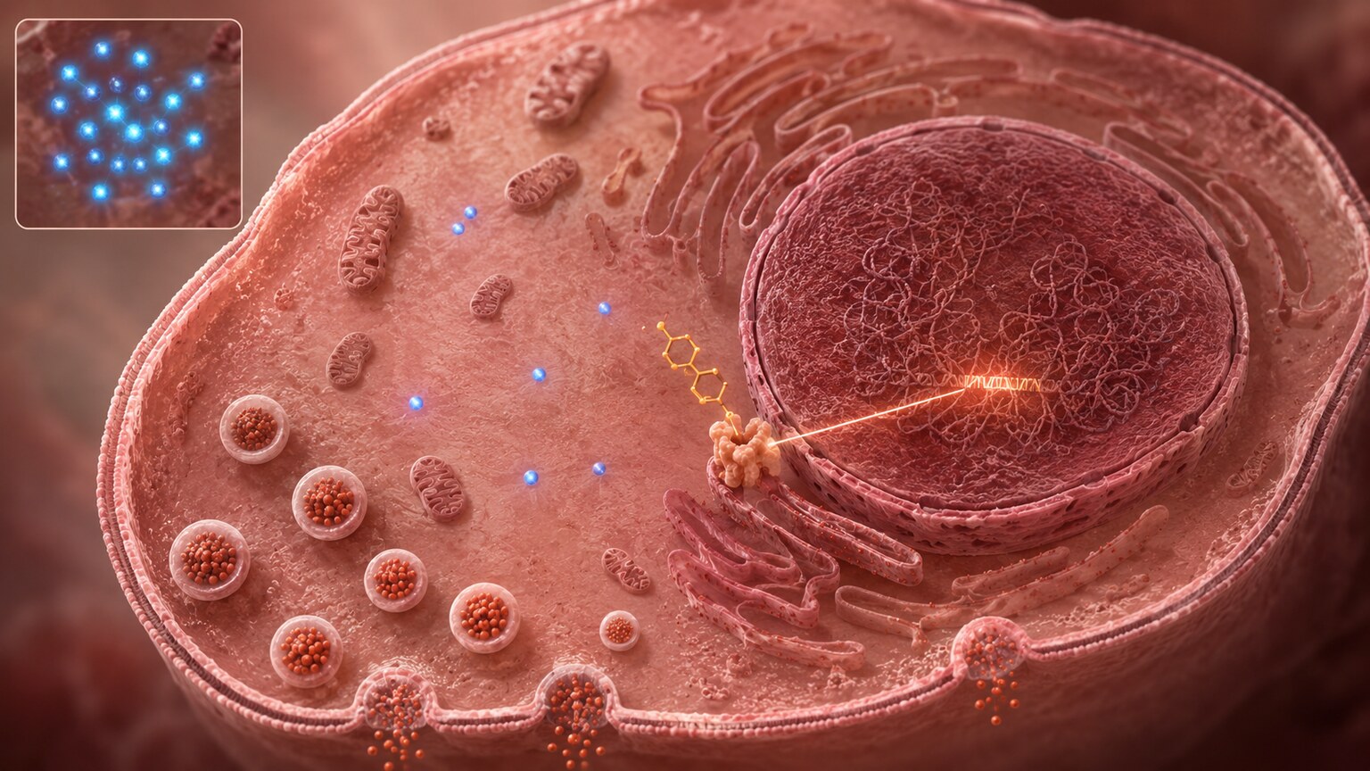 Illustration of a pancreatic beta cell with reduced internal calcium signaling due to cortisol receptor activation