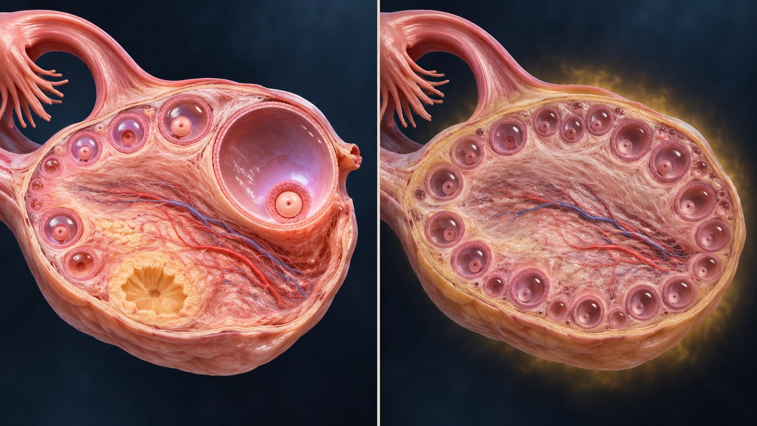 Cross-section illustration of an ovary showing multiple small follicles arrested in development rather than one dominant follicle maturing