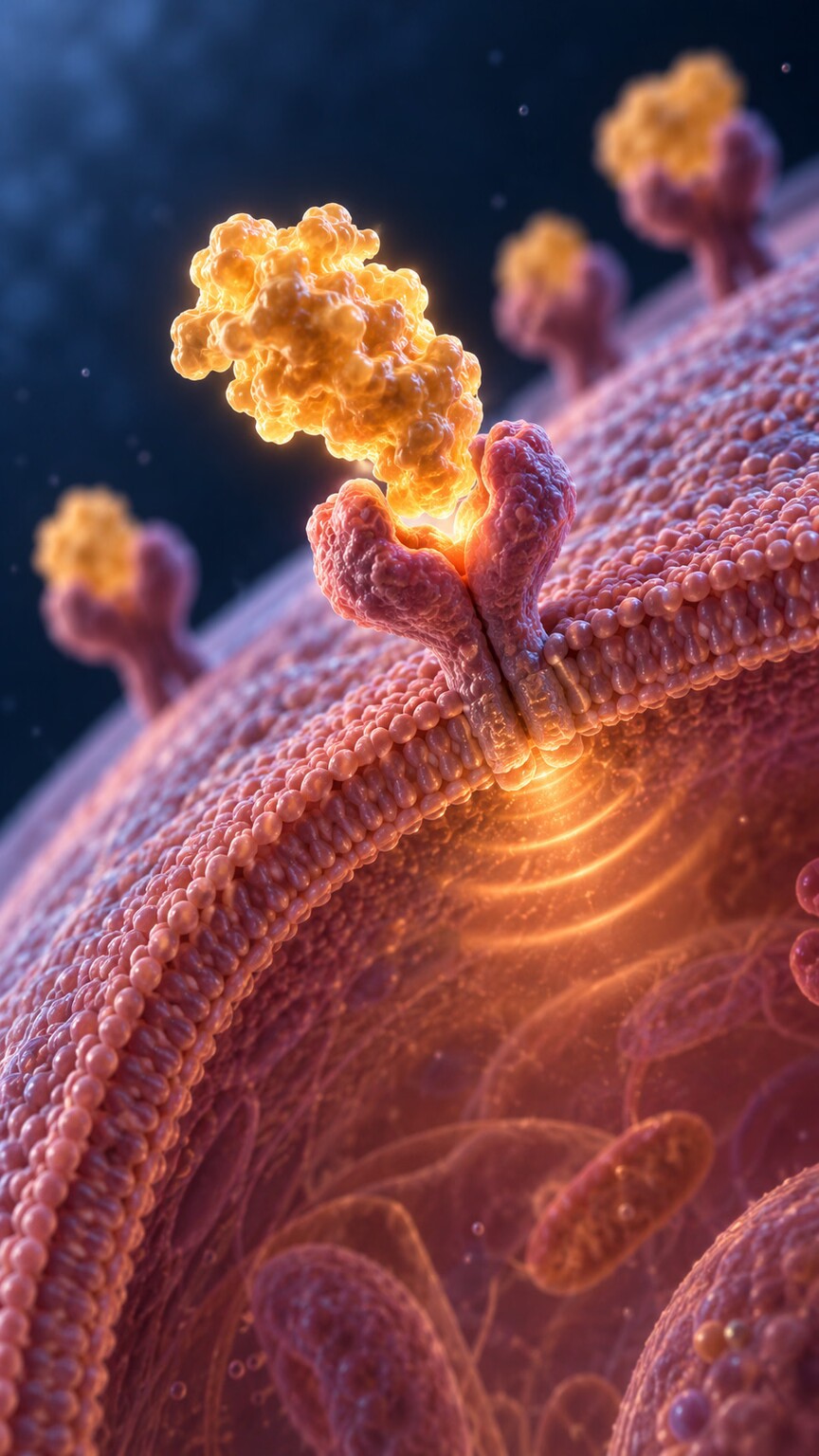 Scientific illustration of an insulin molecule binding to a receptor on an ovarian theca cell, a target largely unrelated to blood sugar regulation