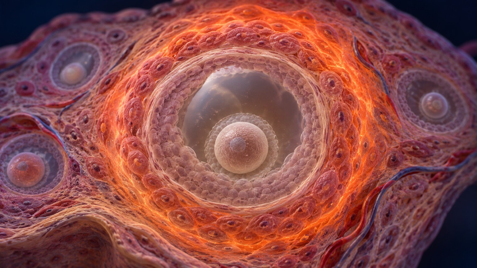 Close illustration of a single ovarian follicle surrounded by a locally elevated androgen concentration that halts its further development
