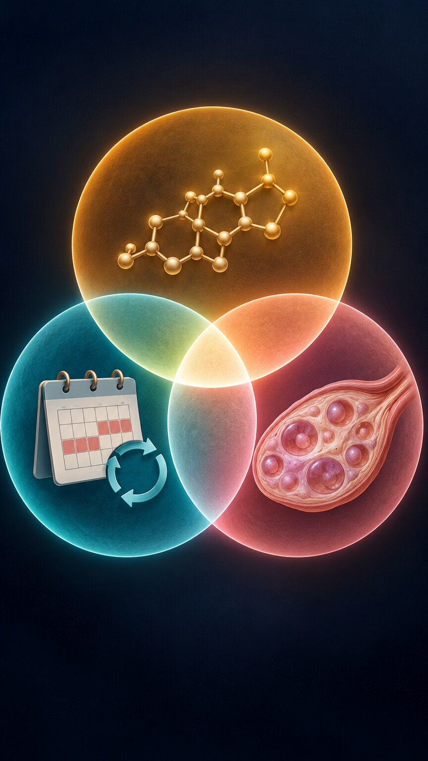 Diagram of three overlapping diagnostic criteria circles representing androgen excess, ovulatory dysfunction, and polycystic ovarian morphology