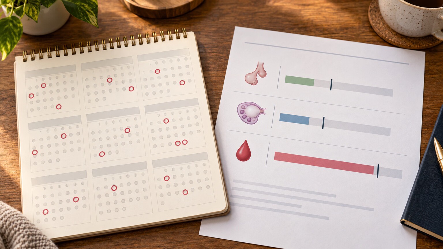 Illustration of a menstrual cycle tracking chart alongside a hormone lab panel showing LH, FSH, and fasting insulin results side by side