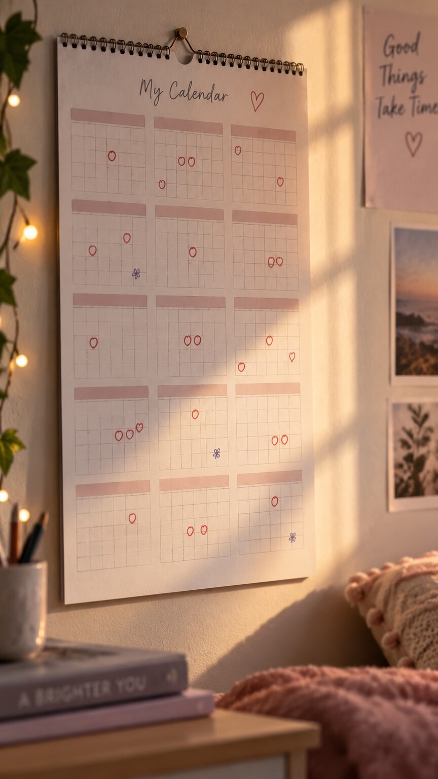 A calendar with irregular menstrual cycle tracking marks during the first two years after a teenager's first period