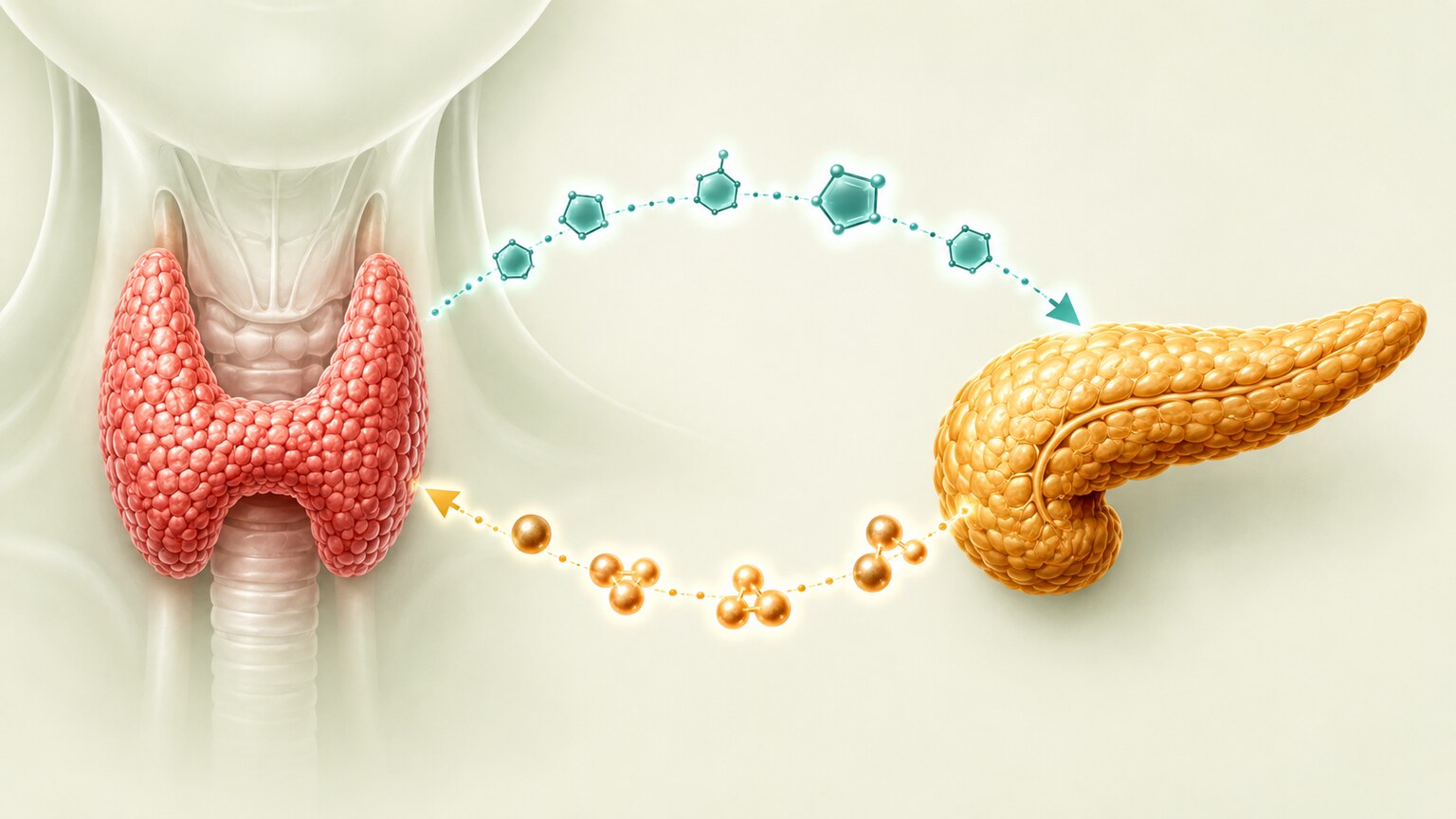 Anatomical illustration of the thyroid gland and pancreas connected by a circulating hormone signal loop