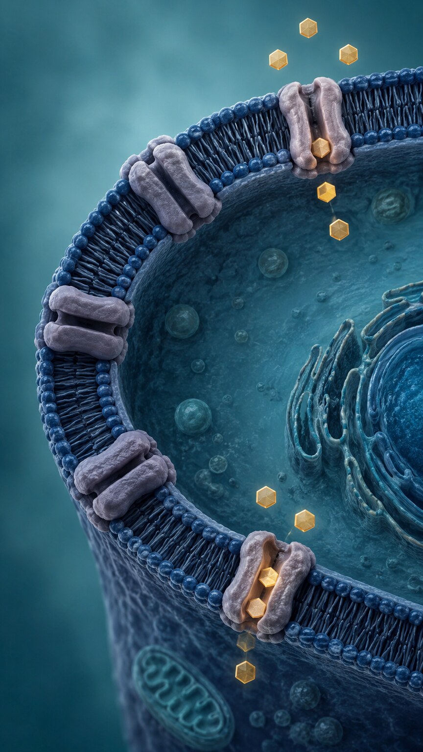 Illustration of a liver cell membrane with fewer glucose transporter channels active, representing reduced glucose uptake