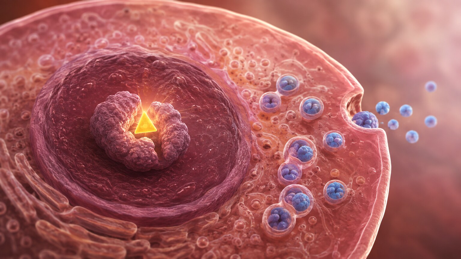 Cross-section illustration of a pancreatic beta cell with a T3 hormone molecule binding to a nuclear receptor inside