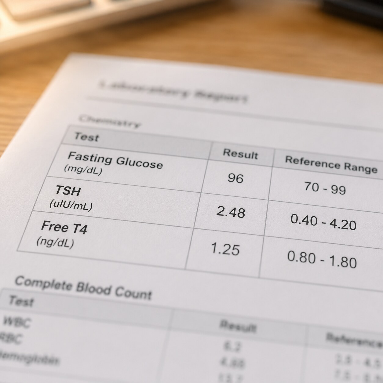 Close-up macro photograph of a lab report showing fasting glucose, TSH, and free T4 values side by side