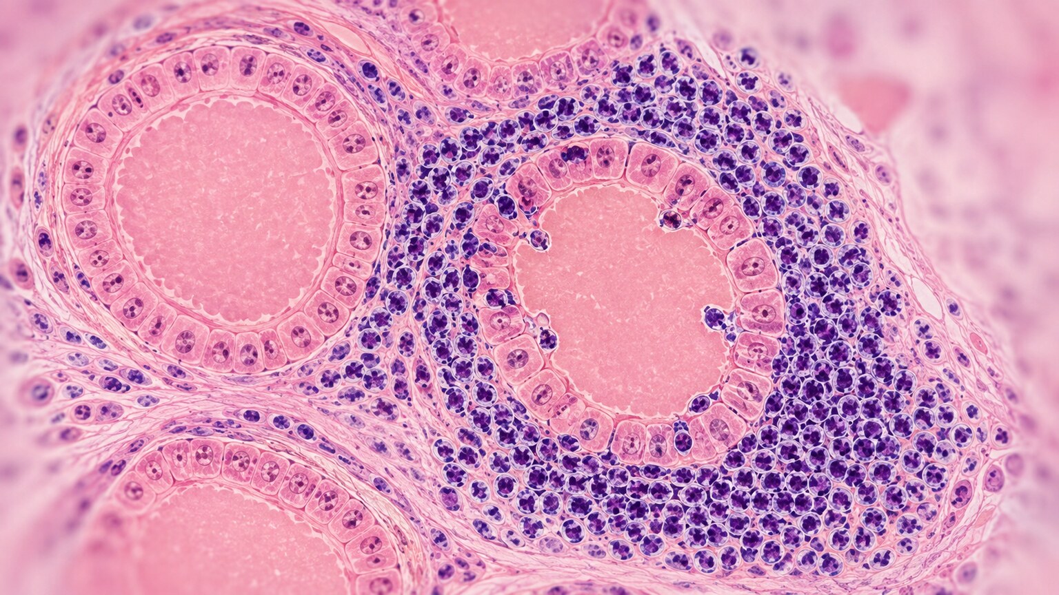 Illustration of thyroid follicle tissue with immune lymphocyte cells infiltrating and attacking the surrounding thyroid cells