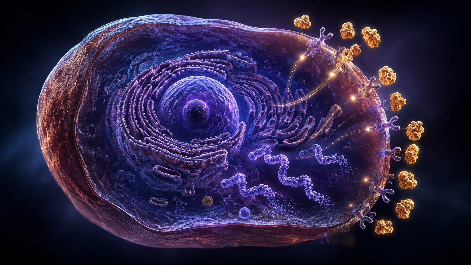 Scientific illustration of a liver cell reducing its output of sex hormone-binding globulin protein in response to a high insulin signal