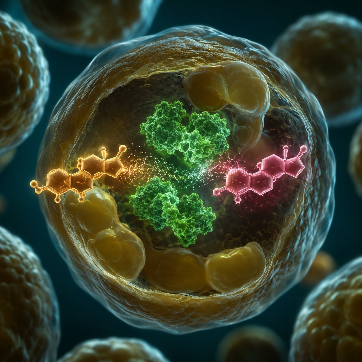 Scientific illustration of a fat cell's aromatase enzyme converting a testosterone molecule into an estrogen molecule