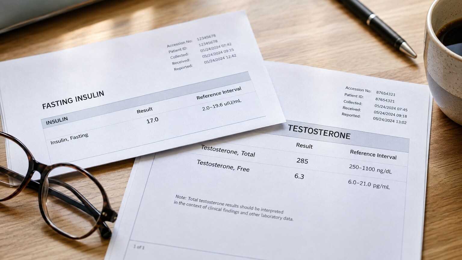 Two printed lab report pages, one showing a fasting insulin panel and one showing a testosterone panel, overlapping on a doctor's desk