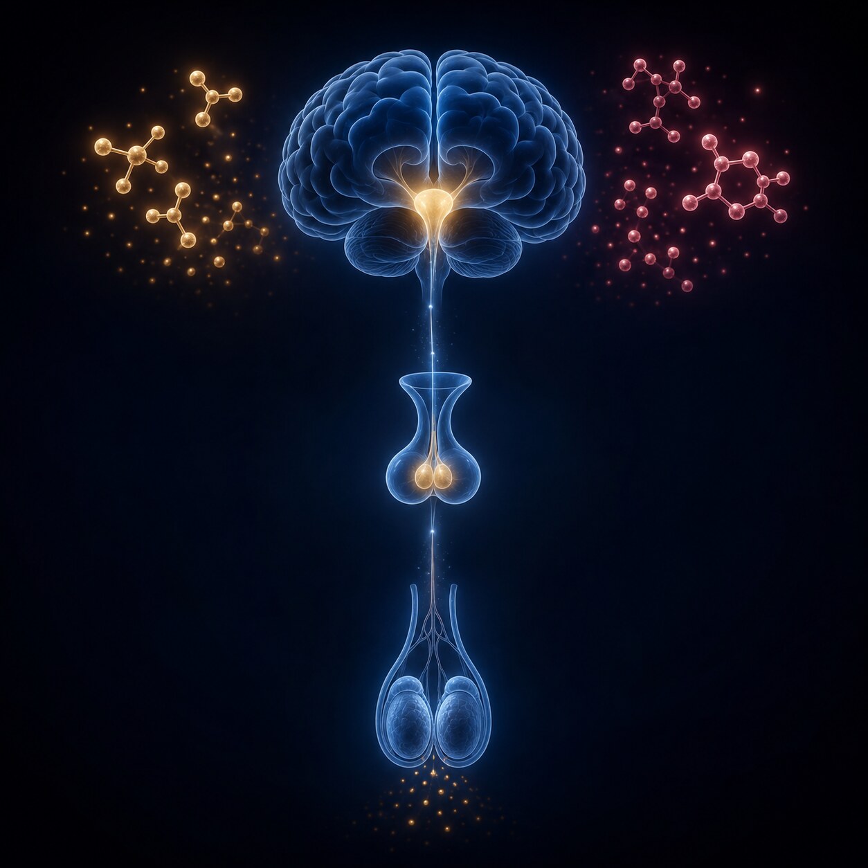 Scientific illustration of the hypothalamus and pituitary gland with a dampened signal reaching the gonads, representing suppressed hormonal feedback