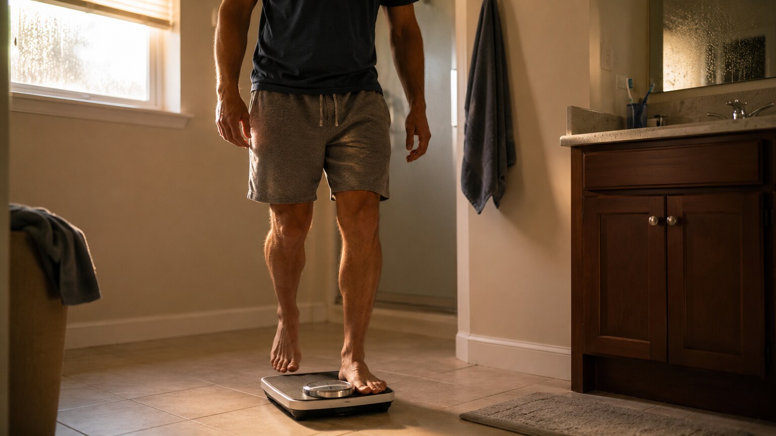 A man in his forties stepping onto a bathroom scale in soft morning light, relevant to the link between visceral fat and reduced testosterone