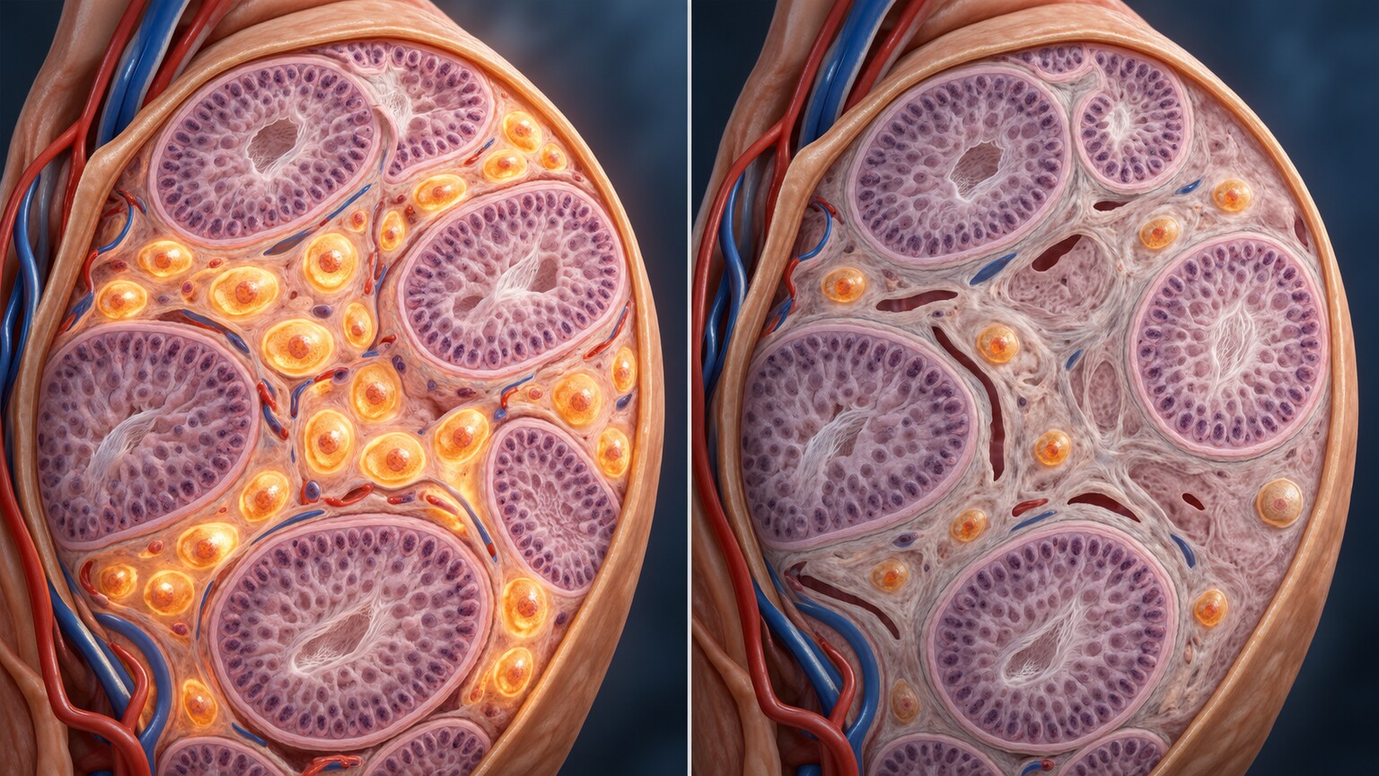 Scientific comparison illustration of testicular tissue cross-sections showing a dense population of Leydig cells in a younger man beside a visibly reduced population in an older man