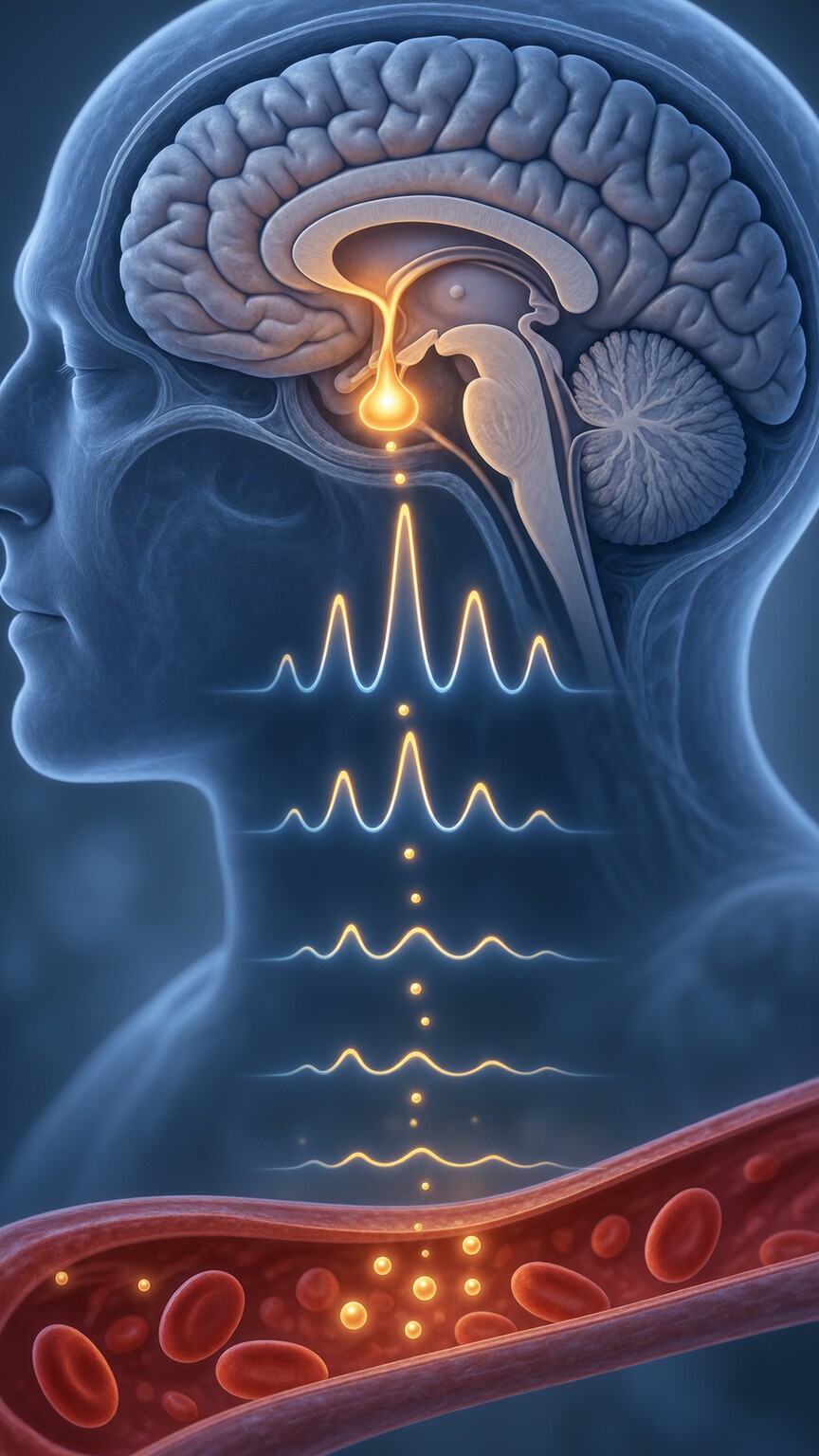 Scientific illustration of the hypothalamus and pituitary gland showing a weaker, less frequent pattern of hormone pulses in an aging brain