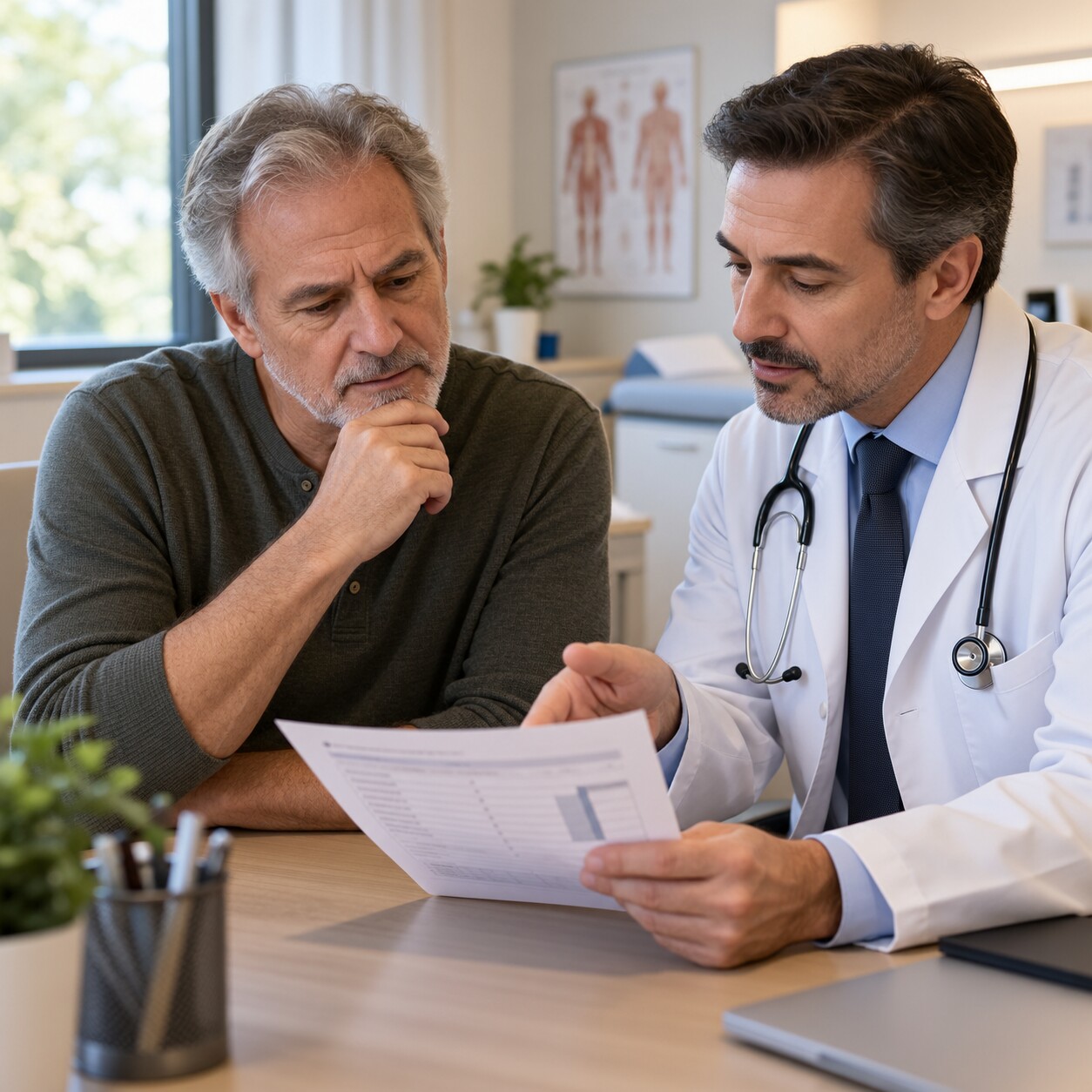 An older man in his sixties discussing energy and mood symptoms with his doctor during a checkup, reviewing a printed lab report together