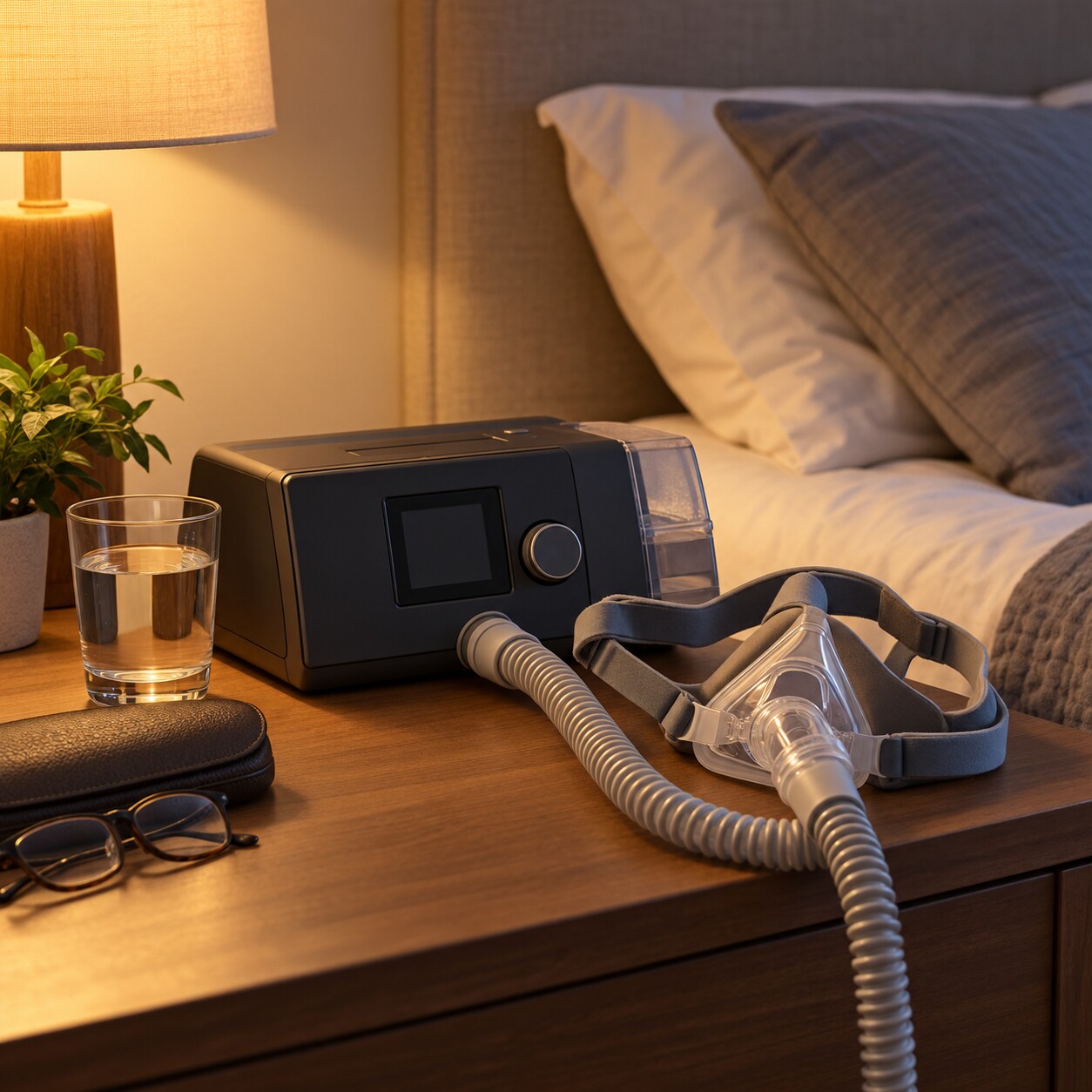 A CPAP machine and mask resting on a nightstand beside a bed, representing a treatable contributor to low testosterone often layered on top of normal aging