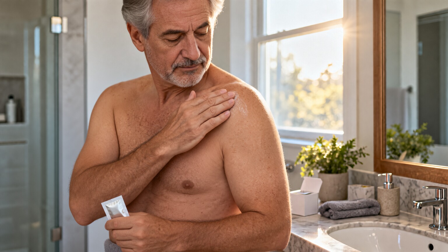 An older man applying prescribed testosterone gel to his shoulder in a bathroom, representing ongoing treatment for diagnosed late-onset hypogonadism