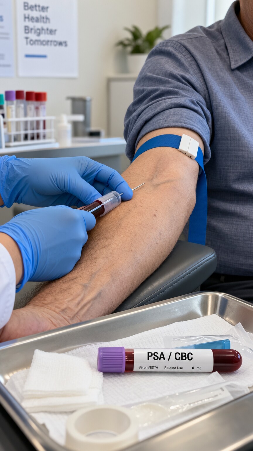 A phlebotomist drawing blood from an older man's arm for a PSA and blood count check as part of routine monitoring before starting testosterone therapy